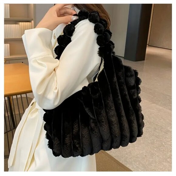 NWT Handbag Purse Shoulder Bag Faux Fur Fuzzy Soft Plush Handheld PEACH PINK - Picture 11 of 13